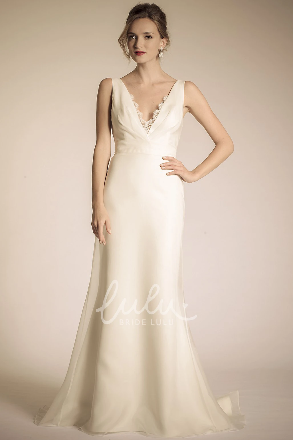V-Neck Lace Tulle and Satin Wedding Dress with Court Train Classic Bridal Gown