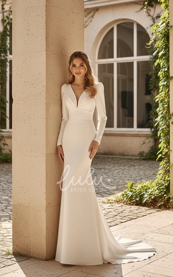 Vintage Long Sleeve V-neck Mermaid Satin Winter Wedding Dress with Sweep Train Solid Button Back Bridal Gown