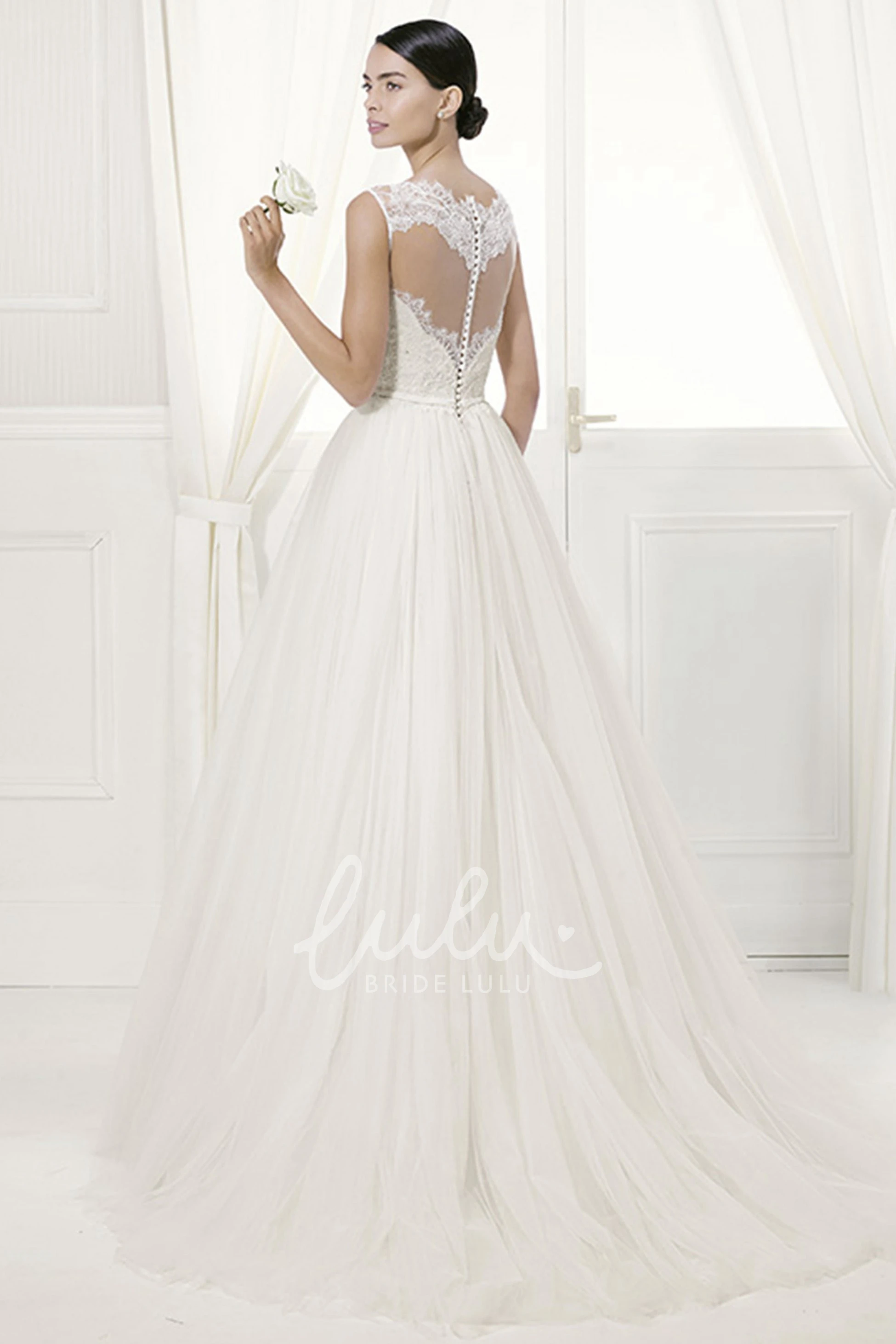 Sleeveless Tulle Ball Gown with Lace High Neck and Belt