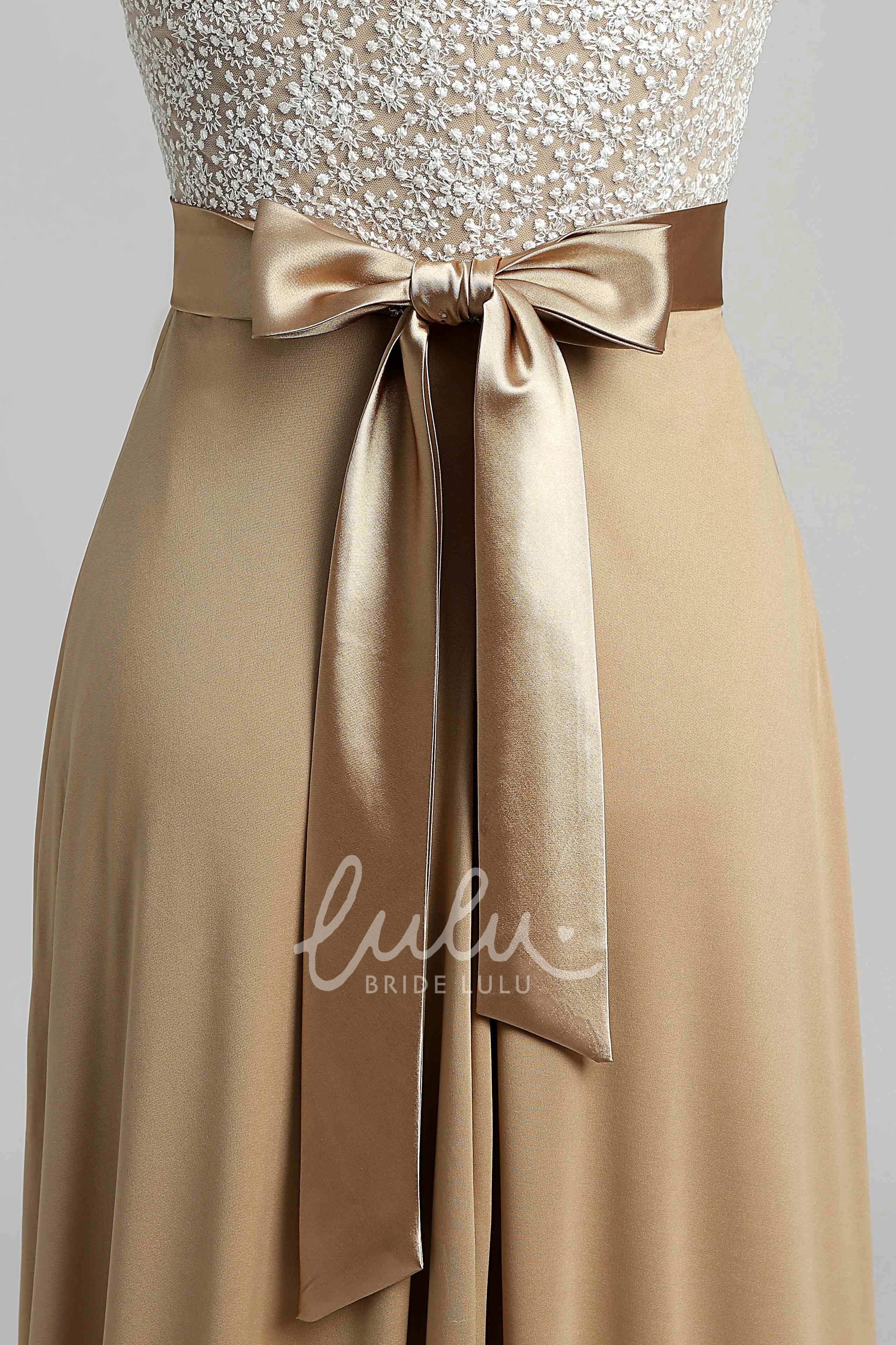 Lace A-line Short Sleeve Bridesmaid Dress with Sash and Bateau Neckline