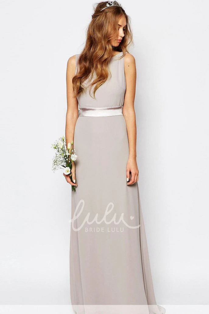 Sleeveless Chiffon Bridesmaid Dress with Ribboned Bateau Neck and Brush Train