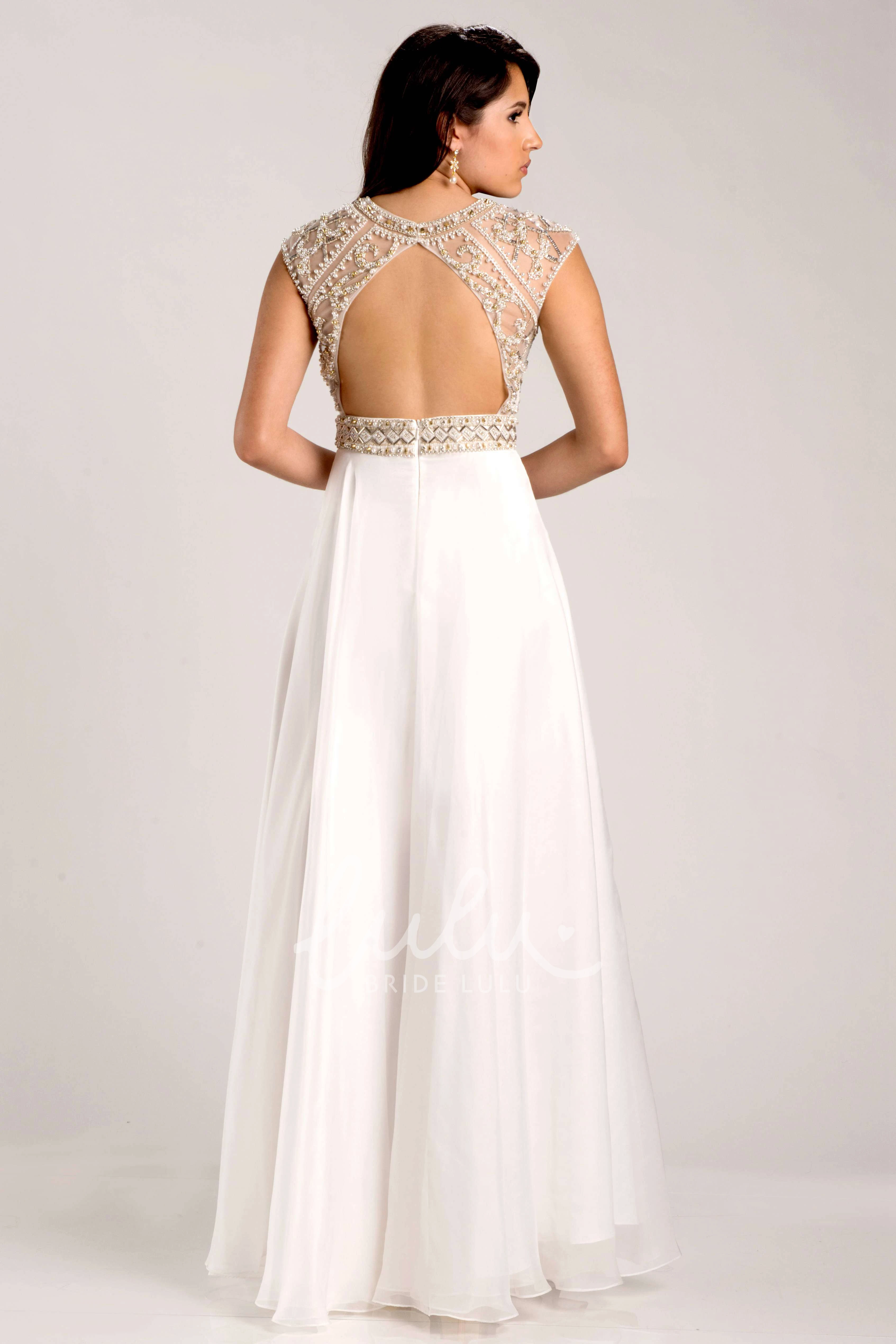 Metallic Bodice A-Line Cap Sleeve Prom Dress in Chiffon Classy Women's Gown