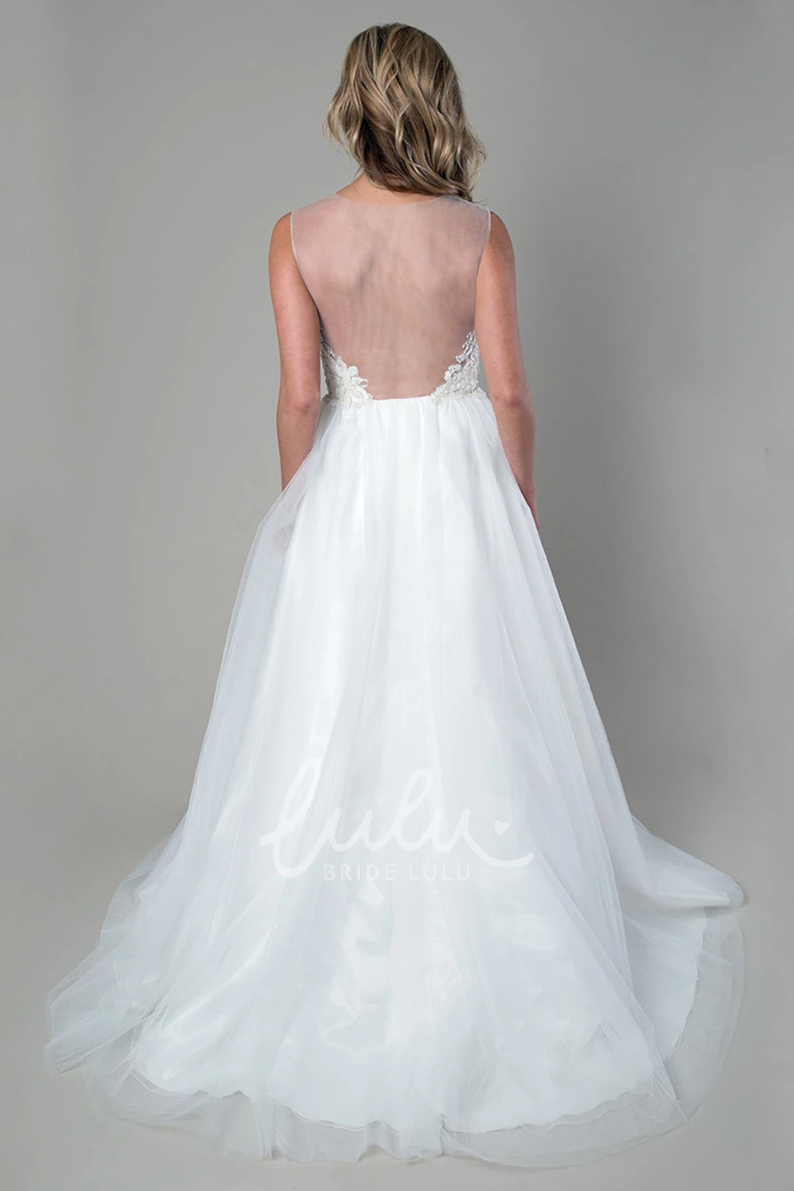 A-Line Appliqued Satin&Tulle Wedding Dress Sleeveless Scoop-Neck Dress Unique