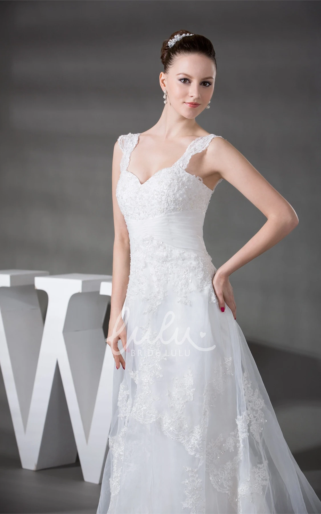 Lace A-Line Wedding Gown with Ruching and Beading Strapped Sleeveless
