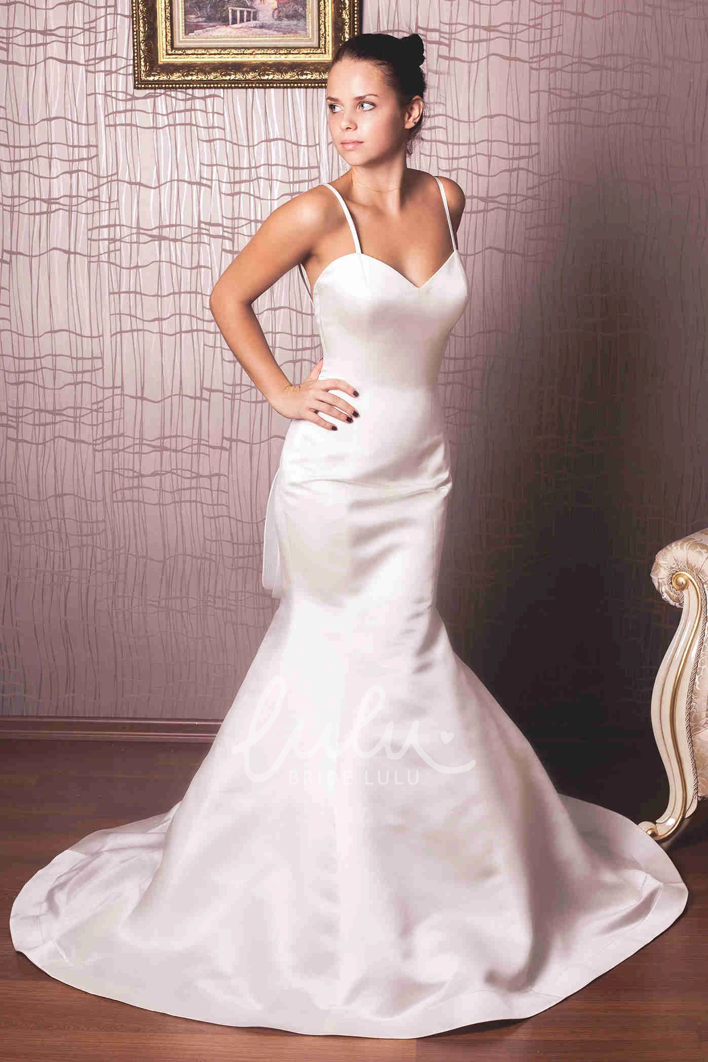 Spaghetti Trumpet Satin Wedding Dress Sleeveless Ruffled