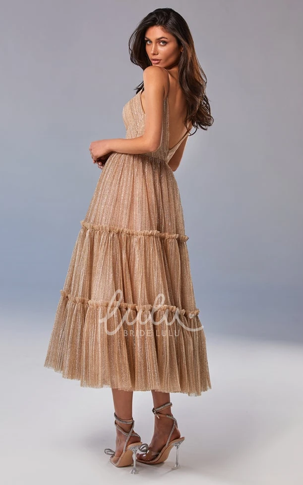 Spaghetti Neck A Line Tulle Tea-length Formal Dress without Sleeves