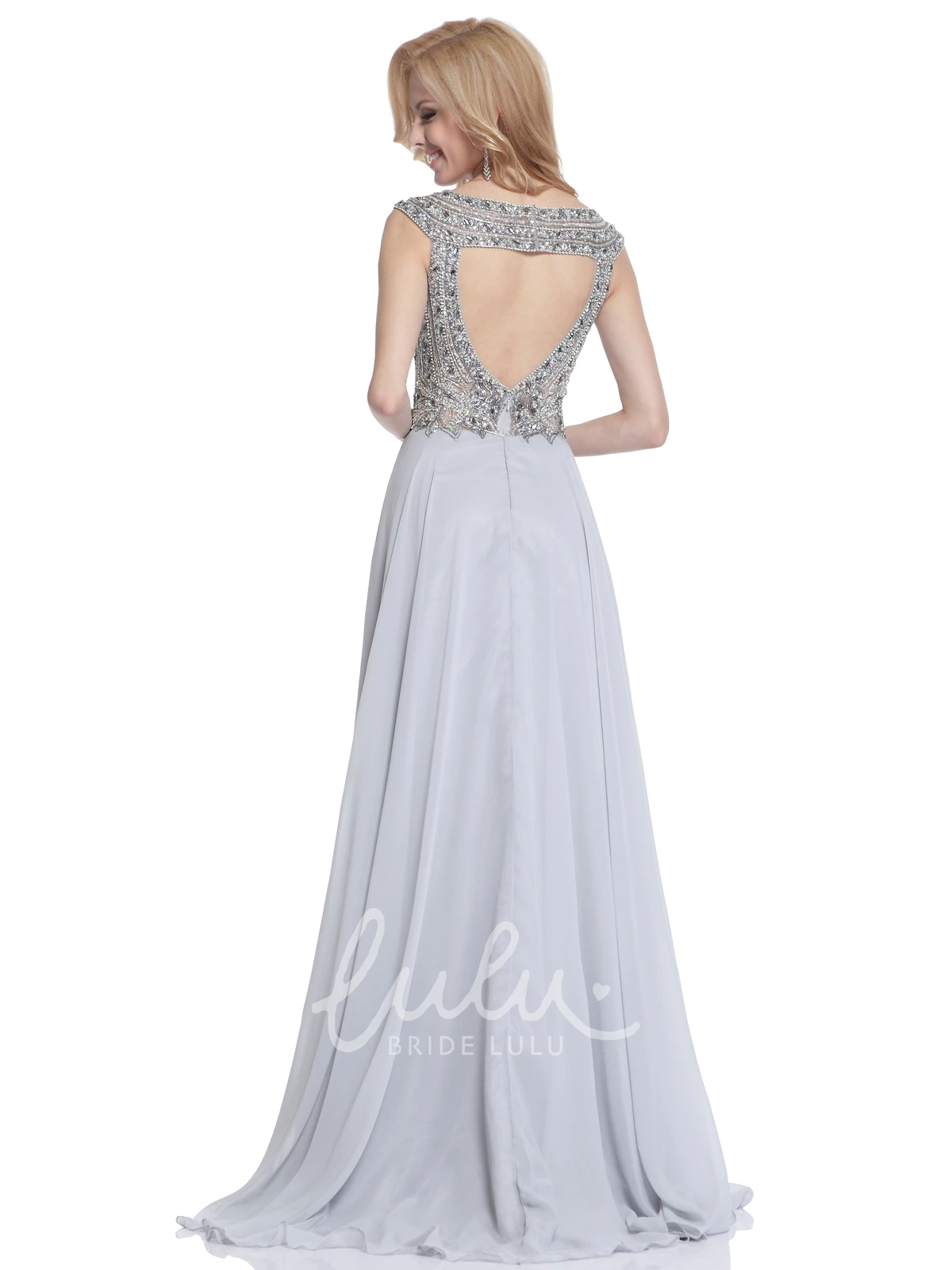 Crystal Detailing Chiffon Bateau Formal Dress with Keyhole Back
