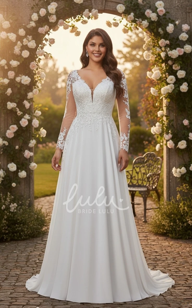 Plus Size A-Line Lace Wedding Dress Illusion Long Sleeves V-Neck Bridal Gown