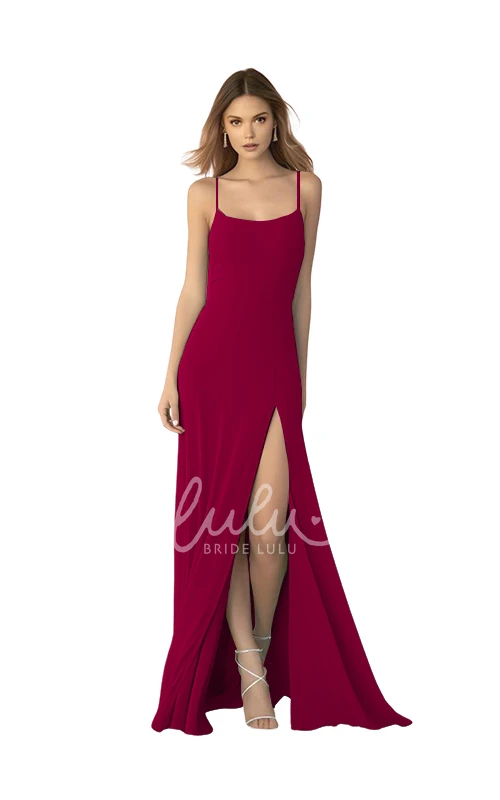 Modest Square Spaghetti Chiffon Bridesmaid Dress with Front Split Elegant Wedding Dress