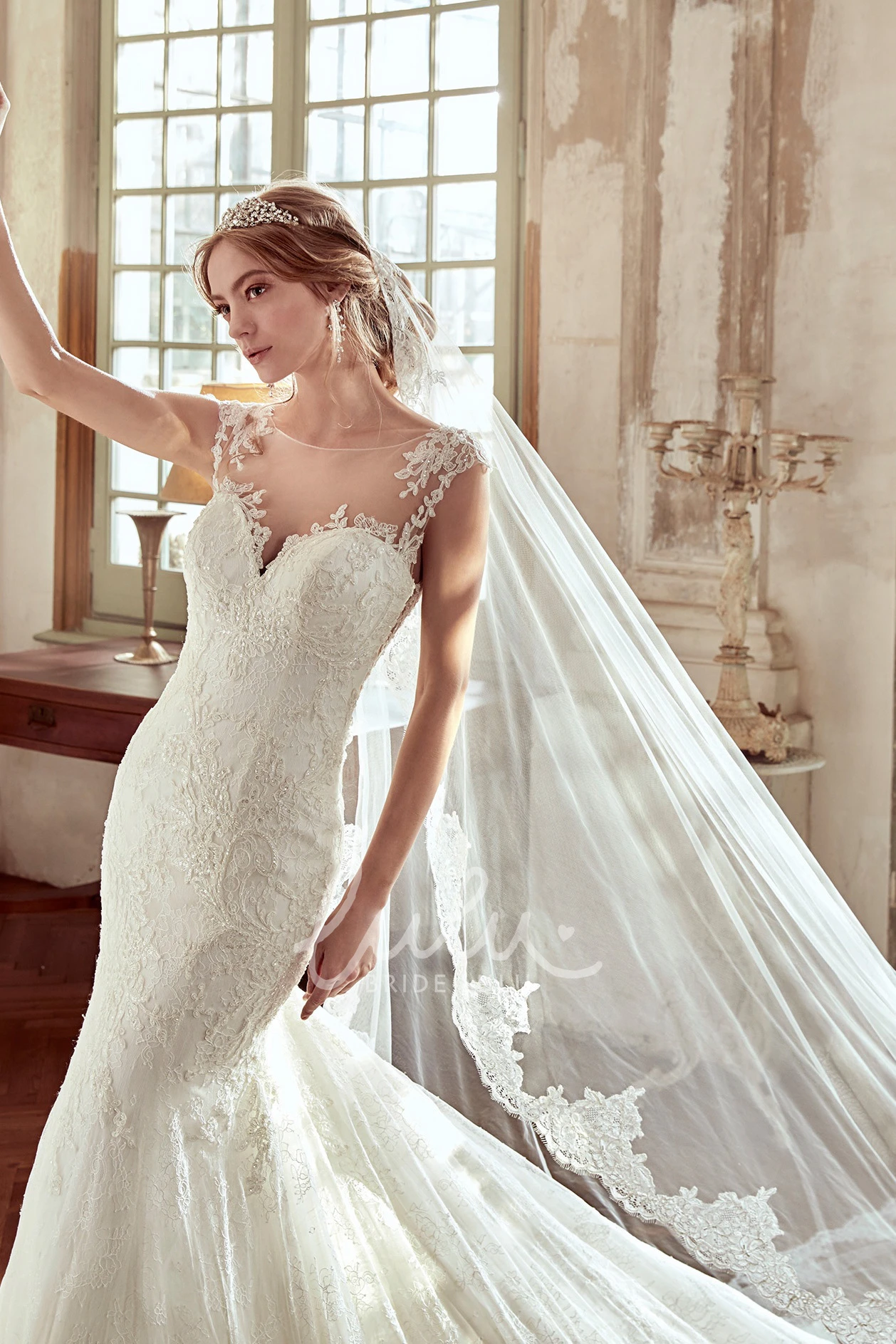 Lace Wedding Dress with Open Back and Brush Train Romantic Bridal Gown