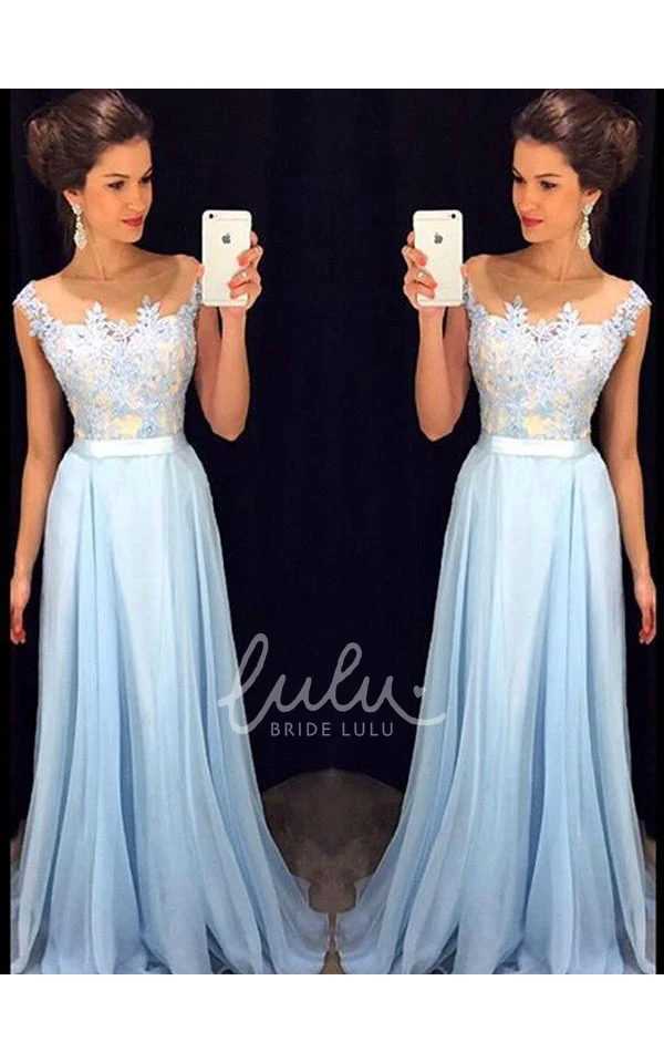 Sheer Neck A-Line Chiffon Formal Dress with Applique and Sweep Train