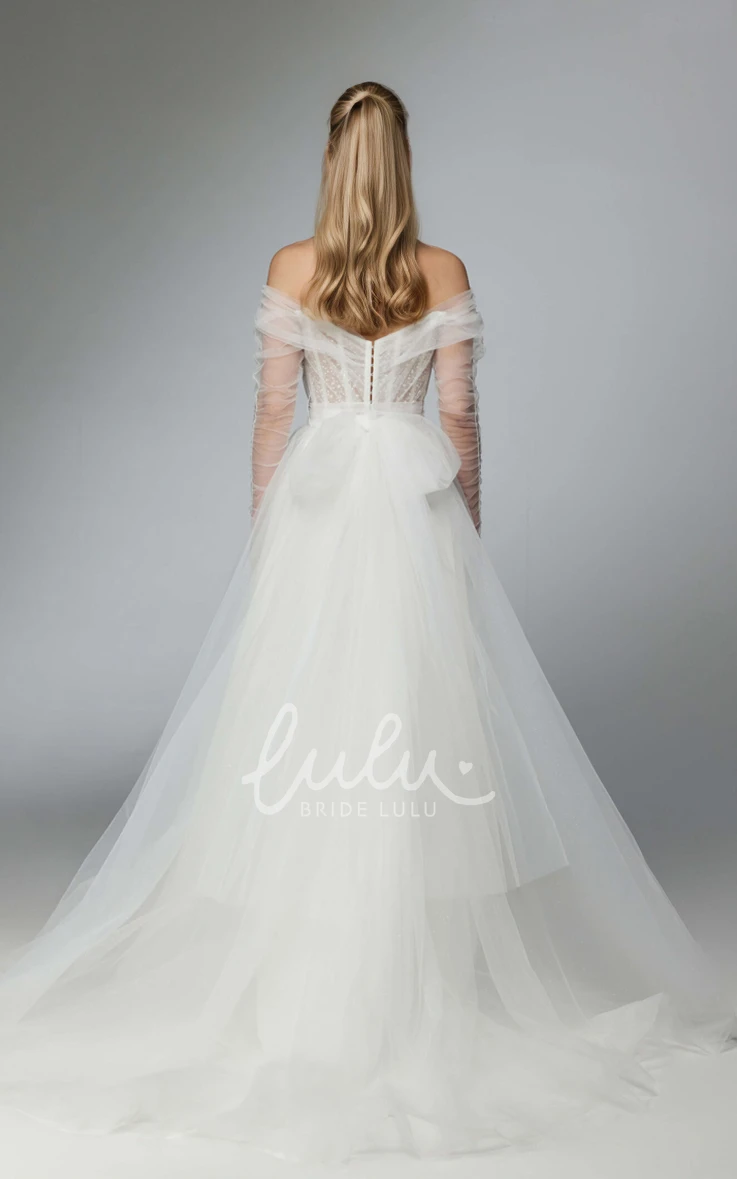 Off-the-shoulder A-Line Plunging V-Neck Tulle Wedding Dress Long Sleeve Floor-length Backless Button Back Bridal Gown