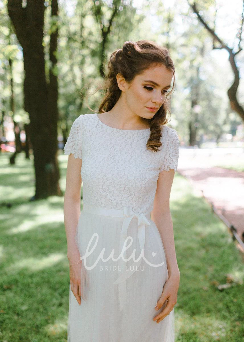Short Sleeve Lace Bodice Tulle Wedding Dress with Jewel Neckline