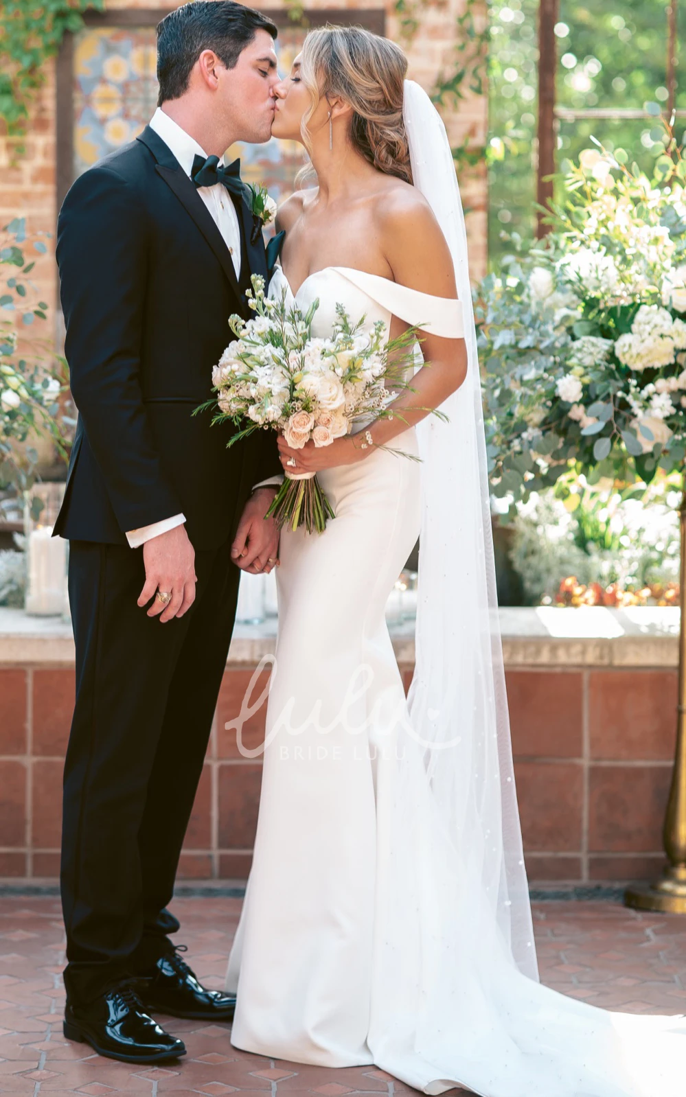 Off-Shoulder Illusion Back Satin Country Wedding Dress