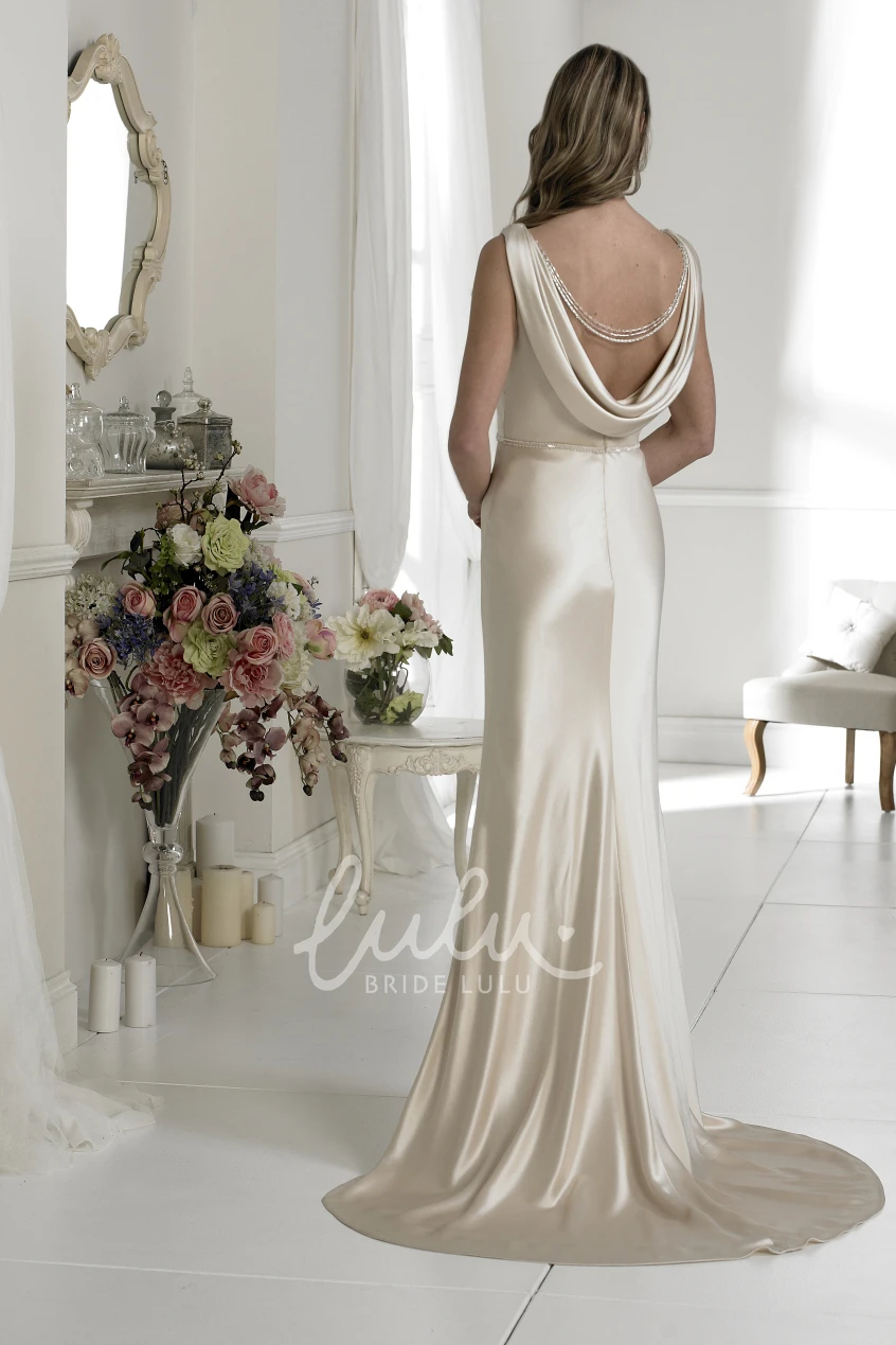 Satin Cowl-Neck Sleeveless Wedding Dress with Waist Jewelry Sheath Style