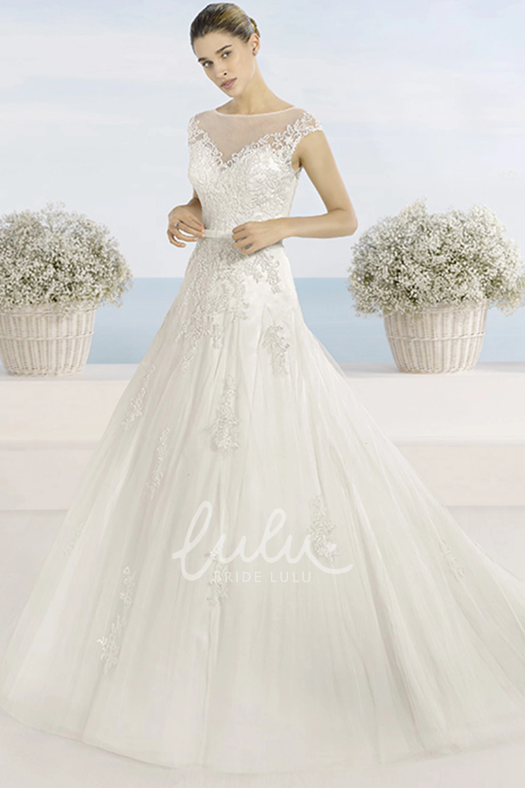 Bateau-Neck Tulle Ball Gown Wedding Dress with Short Sleeves and Illusion