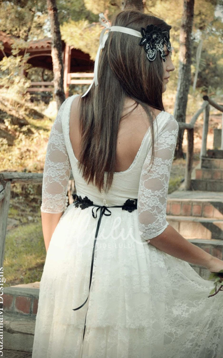 Illusion Sleeve Lace Wedding Dress with Scoop Neckline and Button Back