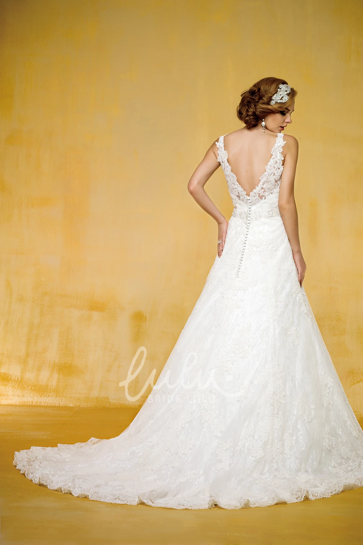 Sleeveless A-Line Wedding Dress with V-Neck and Appliques Elegant Bridal Gown