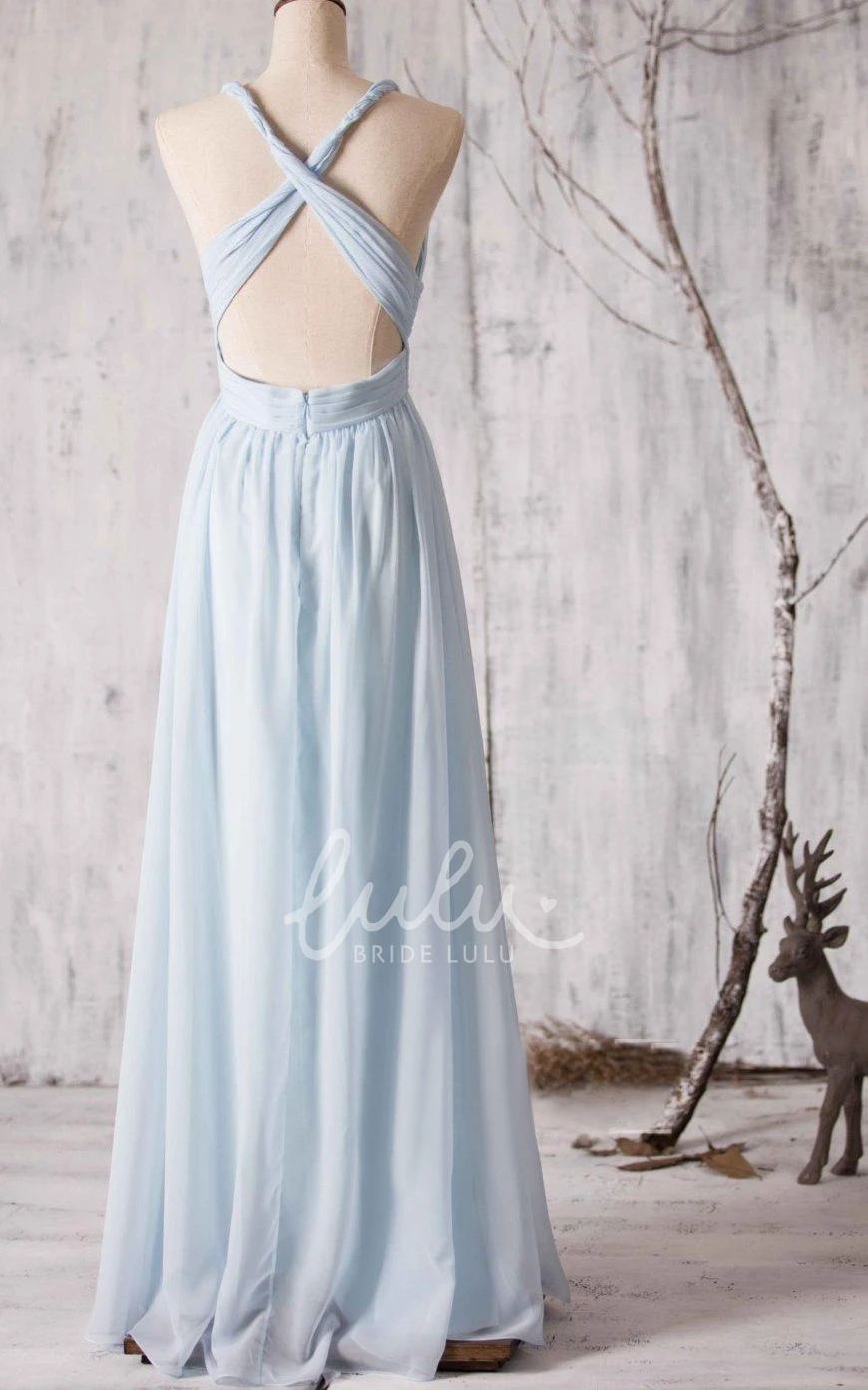 Chiffon Prom Dress with Spaghetti Straps Pleats and Criss-cross Back