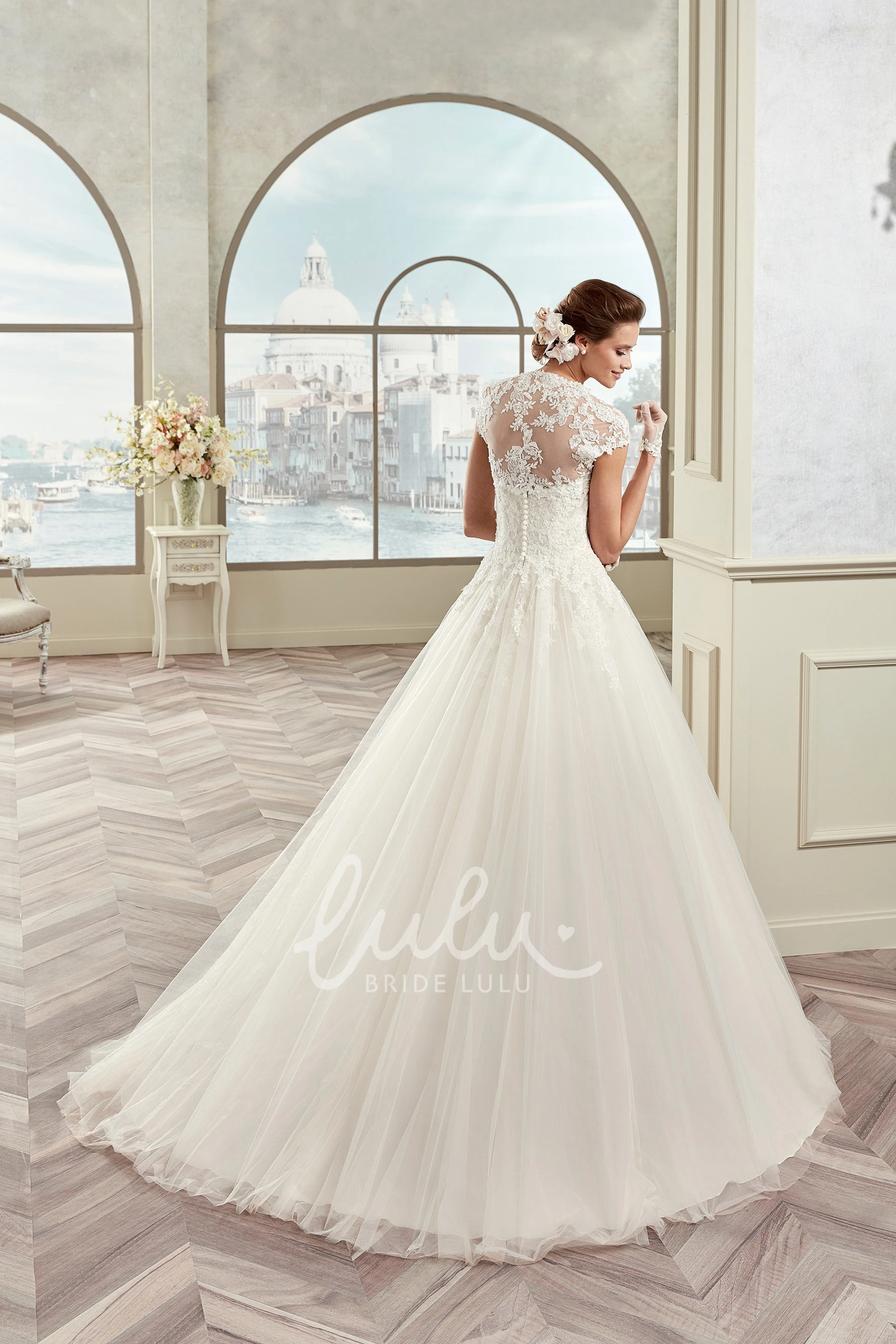 Queen Anne Neckline Lace Bodice A-line Wedding Dress