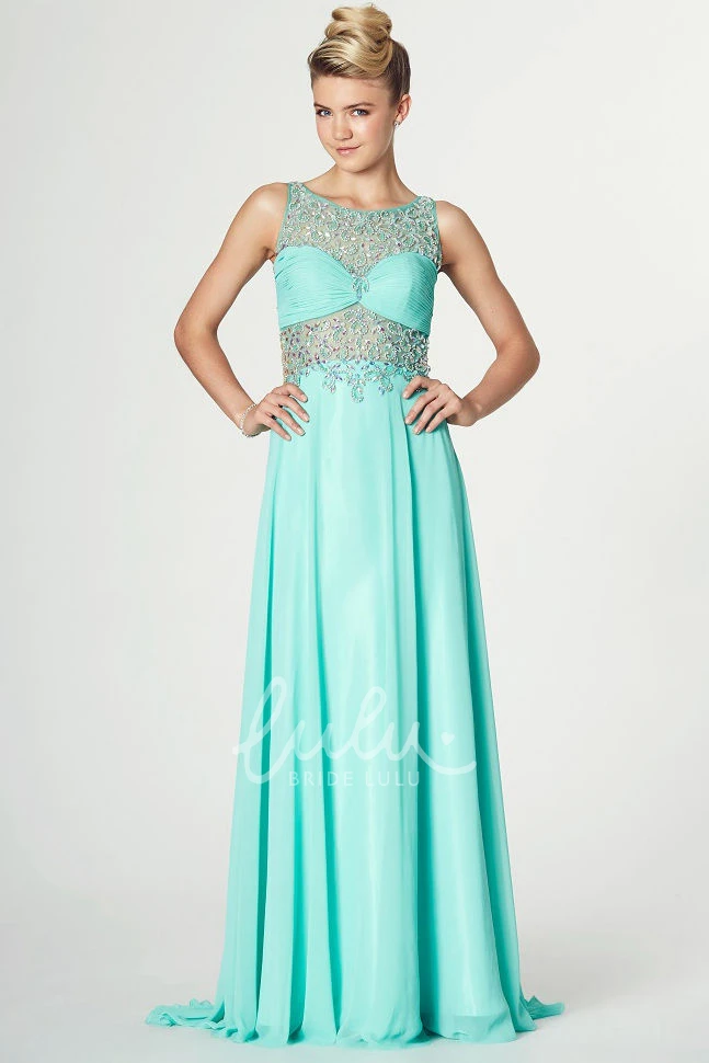 Ruched Sleeveless Chiffon Prom Dress with Beading Flowy Prom Dress