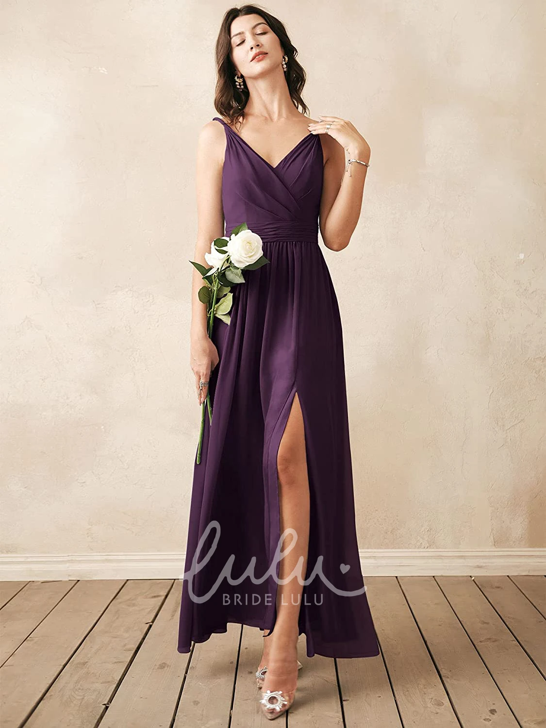 Sleeveless V-neck Chiffon A-line Bridesmaid Dress with Ruching Elegant
