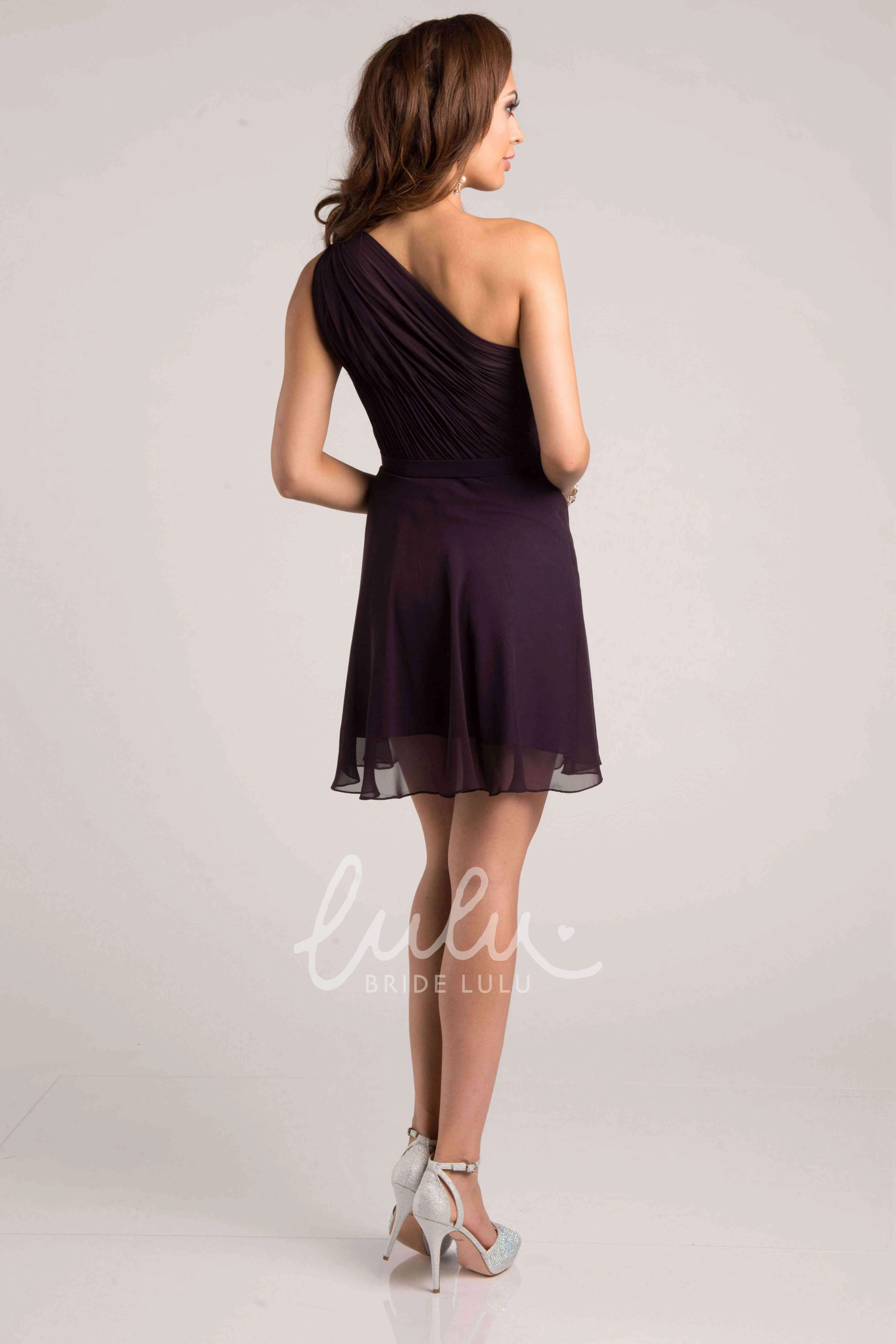 Short One-Shoulder Ruched Chiffon Bridesmaid Dress with Ribbon Elegant Bridesmaid Dress
