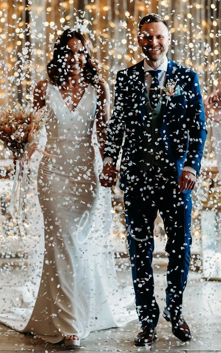 V-neck Sleeveless Casual Simple Mermaid Wedding Dress for Women Floor-length with V Back Long Train