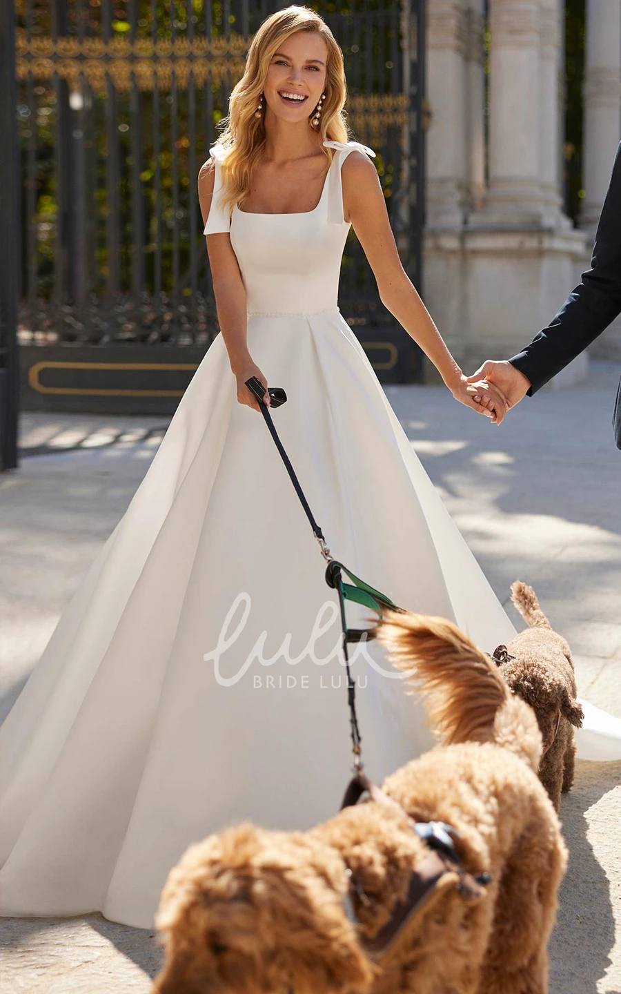 Minimalist Wedding Dress A Line Wide Strap Satin Square Neck Backless Bridal Gown