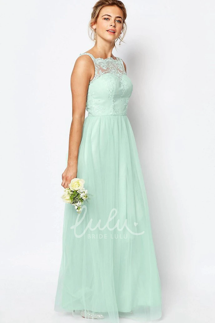 A-Line Lace Tulle Bridesmaid Dress Sleeveless Ankle-Length Bateau Neck