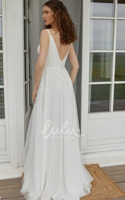 Modern Lace Sleeveless A Line Wedding Dress with Floor-length and V-neck Unique Wedding Dress