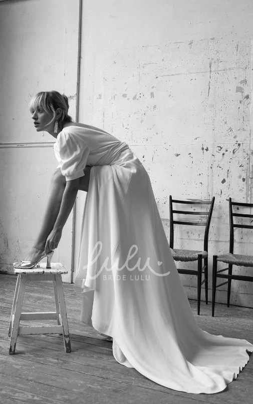 Elegant Modest A-Line Wedding Dress Romantic Solid Sexy Short Sleeves Split Front Bridal Gown