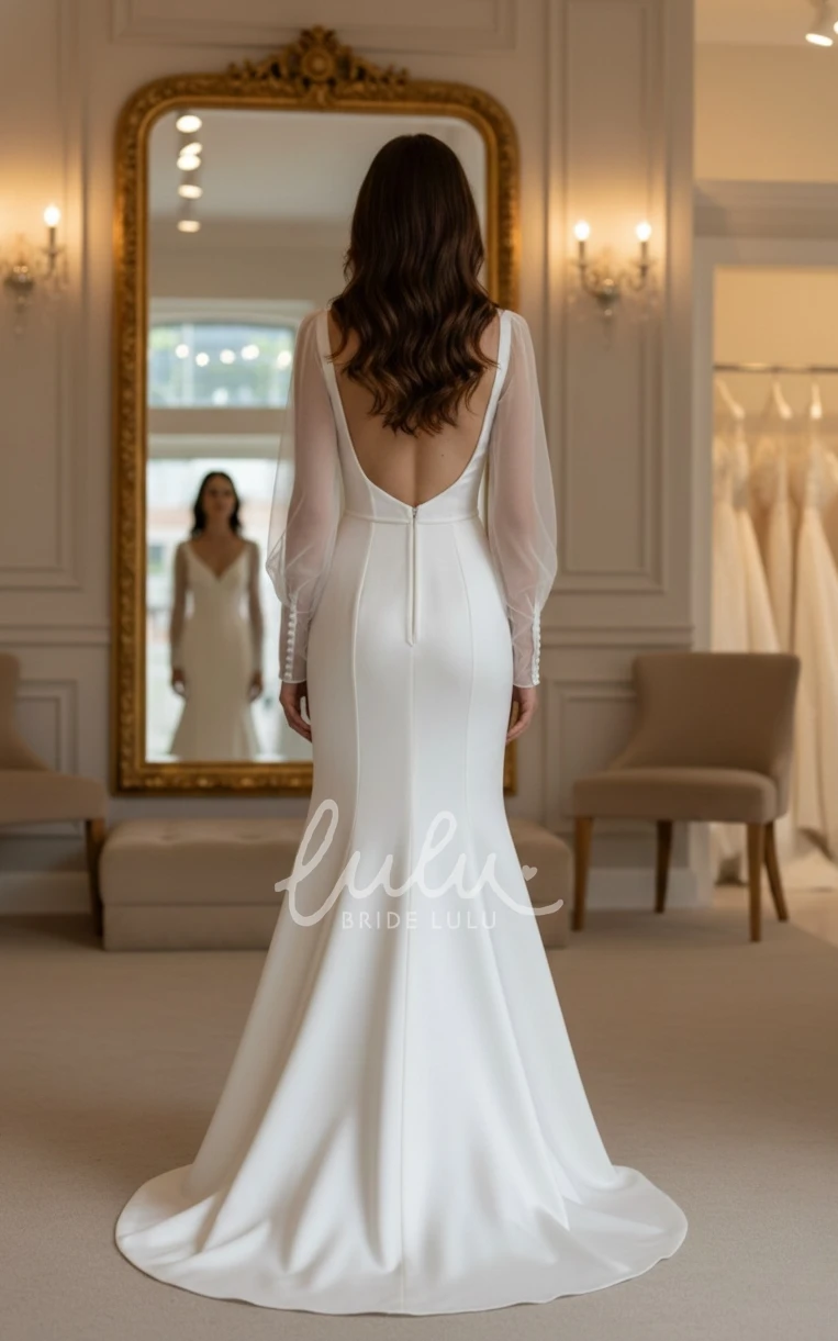 Modern Mermaid Long Sleeve Winter Wedding Dress Square Neck Open Back Modern Bridal Gown