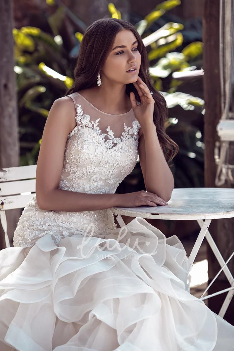 Scoop Appliqued Lace Wedding Dress with Court Train and Illusion Classy Lace Wedding Dress