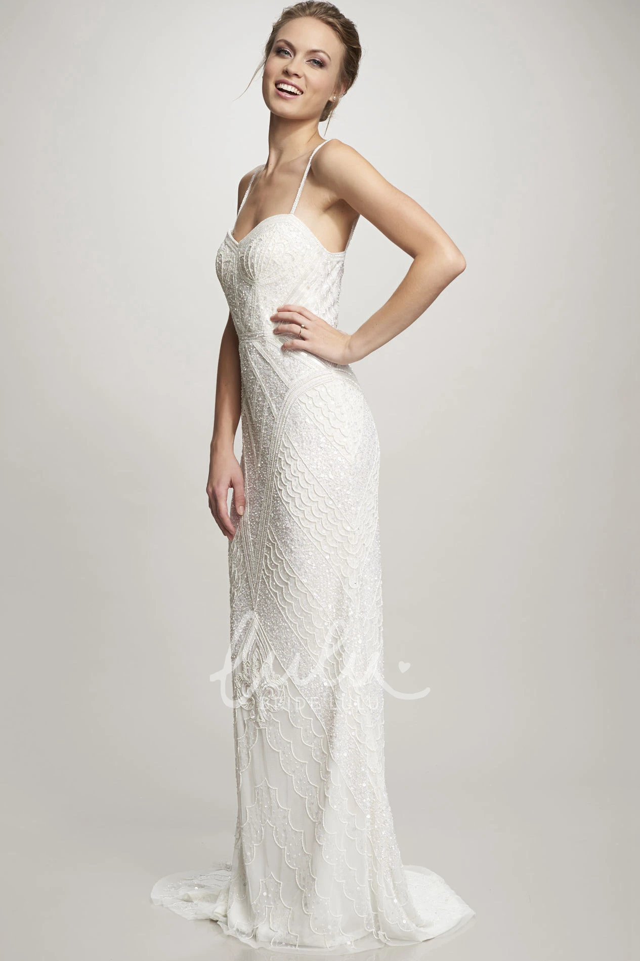 Beaded Chiffon Spaghetti Wedding Dress Maxi Sweep Train