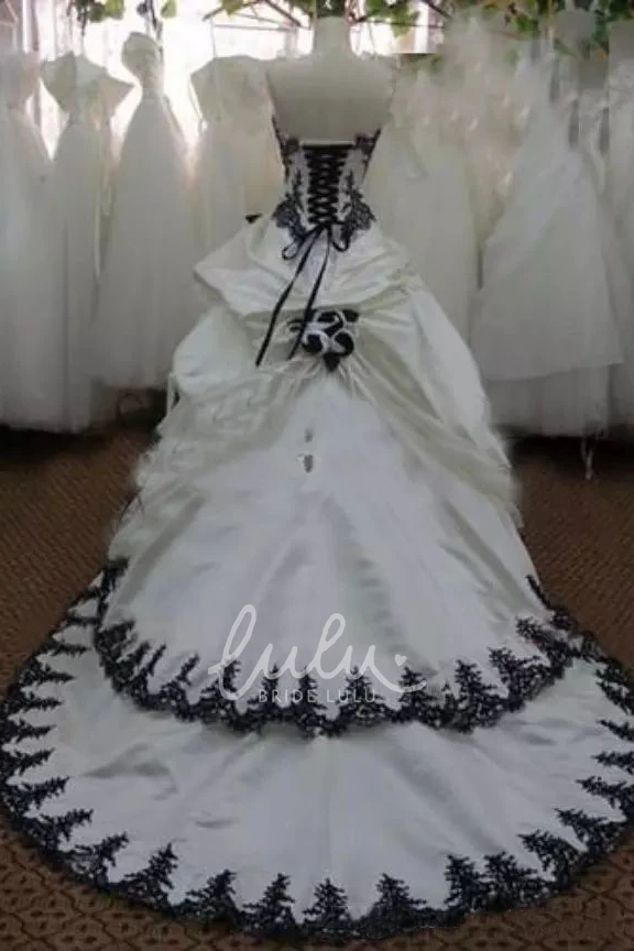 Strapless Taffeta Ball Gown Wedding Dress with Appliques and Ruffles Court Train Sleeveless