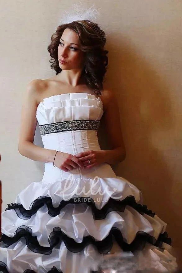 Strapless Taffeta High-Low Wedding Dress with Appliques and Ruffles Sleeveless A-Line