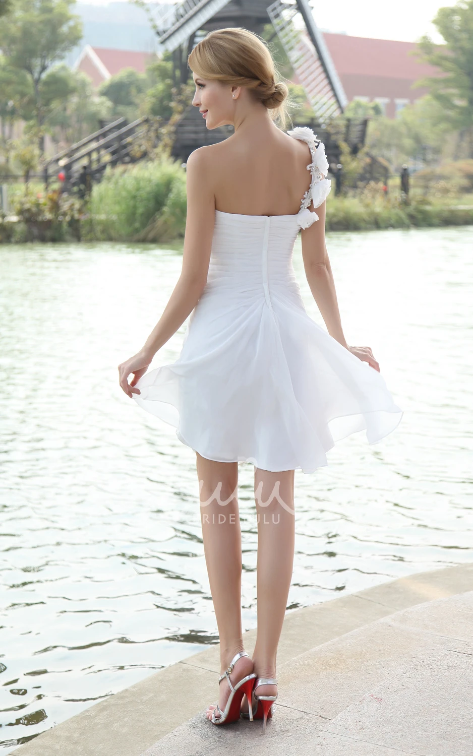 Floral Strap One-Shoulder Wedding Dress Chiffon Asymmetrical