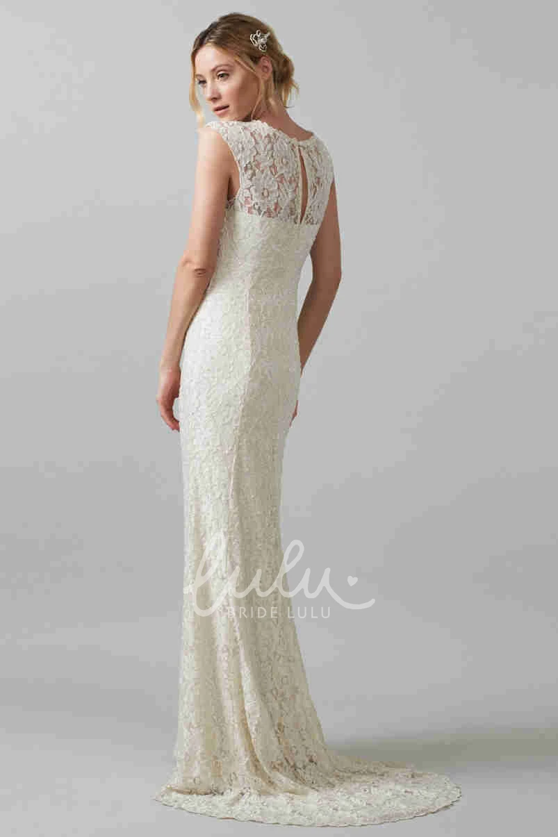 Lace Jewel-Neck Sheath Wedding Dress with Brush Train Elegant Bridal Gown