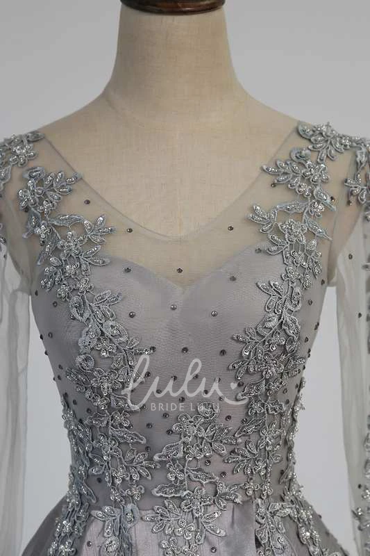 Satin Ball Gown with Illusion Long Sleeves and V-neckline