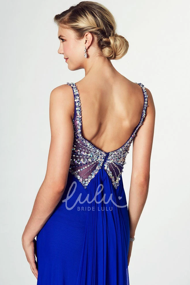 A-Line Floor-Length Chiffon Prom Dress with Jeweled Spaghetti Straps Flowy Prom Dress with Low-V Back
