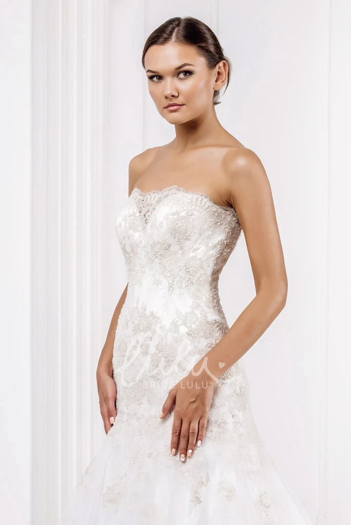 Appliqued Tulle Strapless Wedding Dress with Corset Back and Brush Train Flowy Wedding Dress