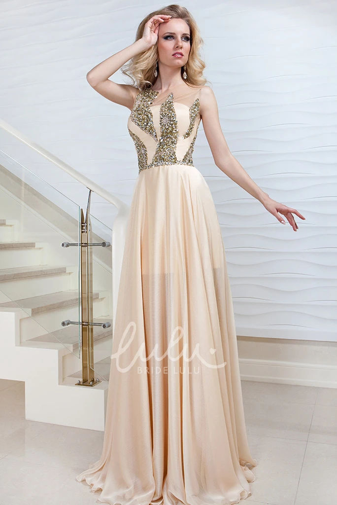Beaded Satin Sleeveless Sheath Prom Dress with Scoop Neckline and Floor-Length
