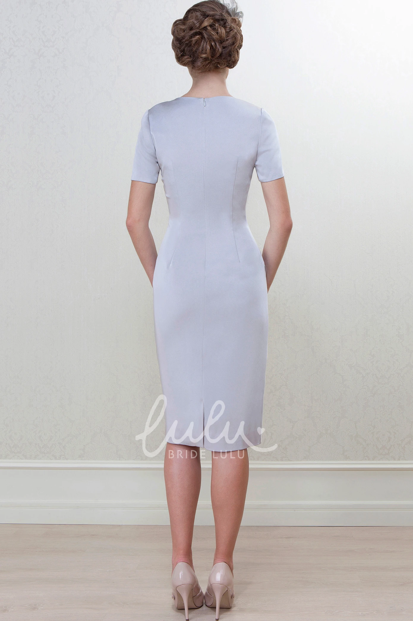 Caped 3-4 Sleeve High Neck Knee-Length Satin Mother Of The Bride Pencil Dress