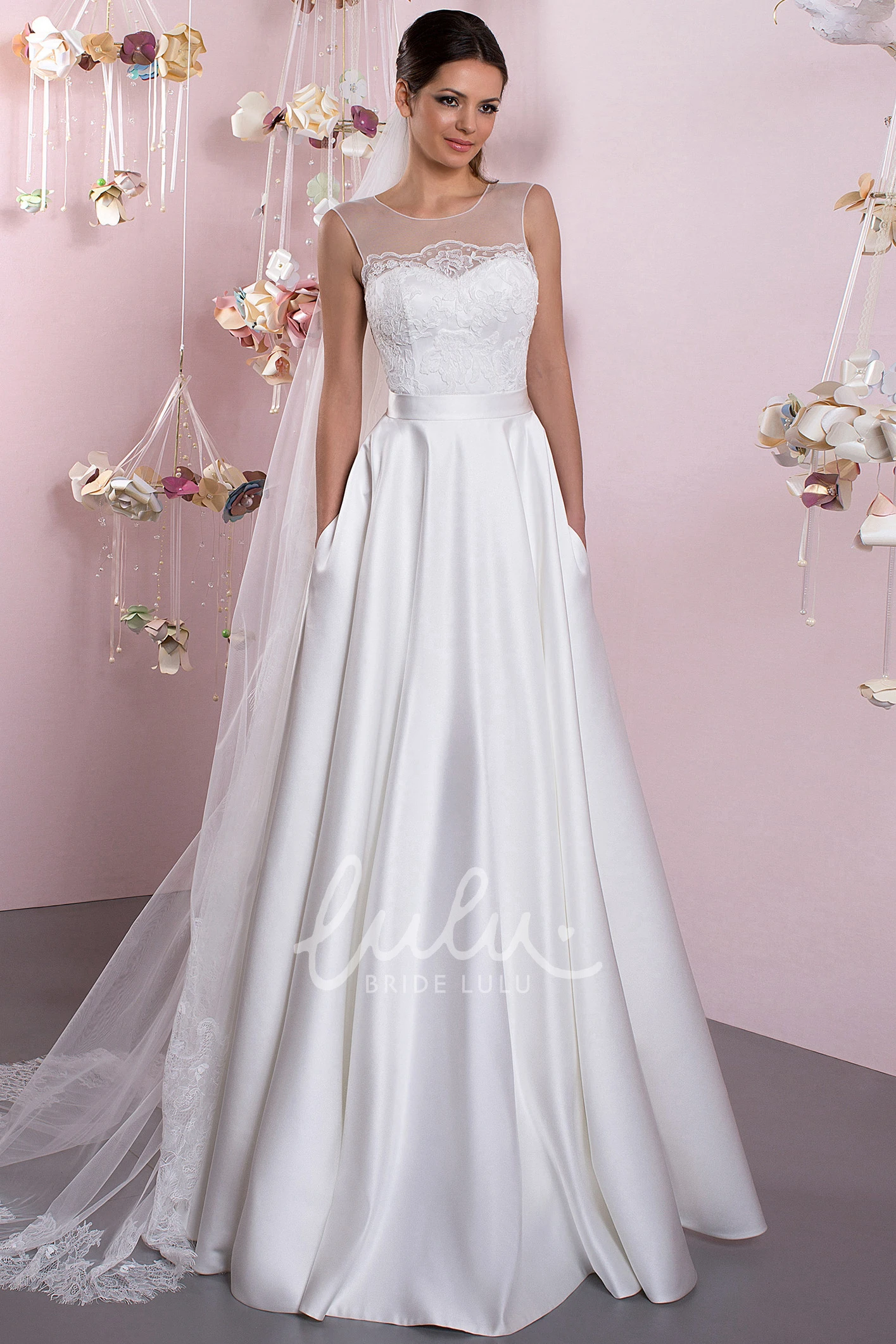 Lace Scoop Satin Wedding Dress with Illusion Back A-Line Floor-Length Style