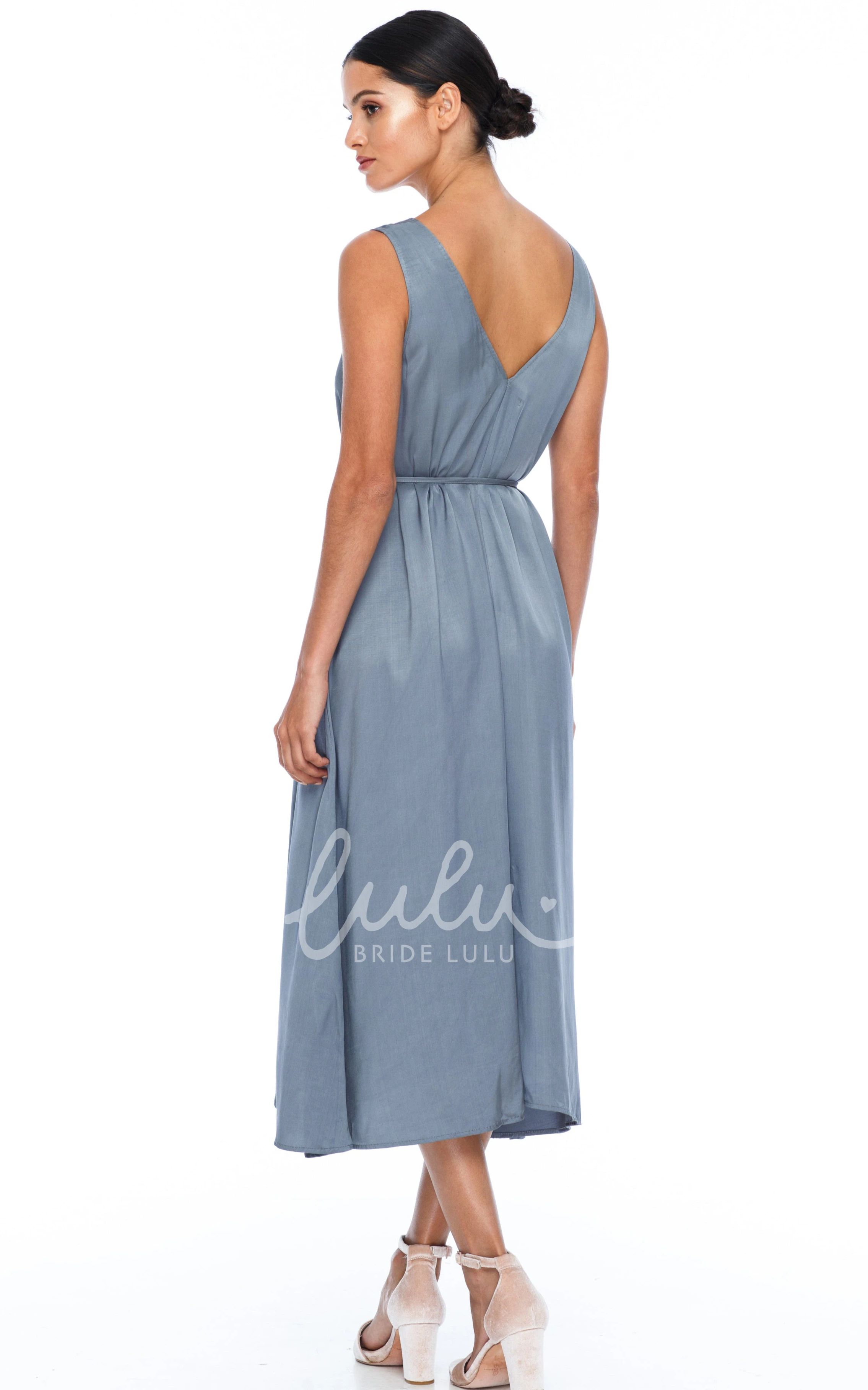 Charmeuse V-neck Bridesmaid Dress with Low-V Back and Sash Casual Bridesmaid Dress