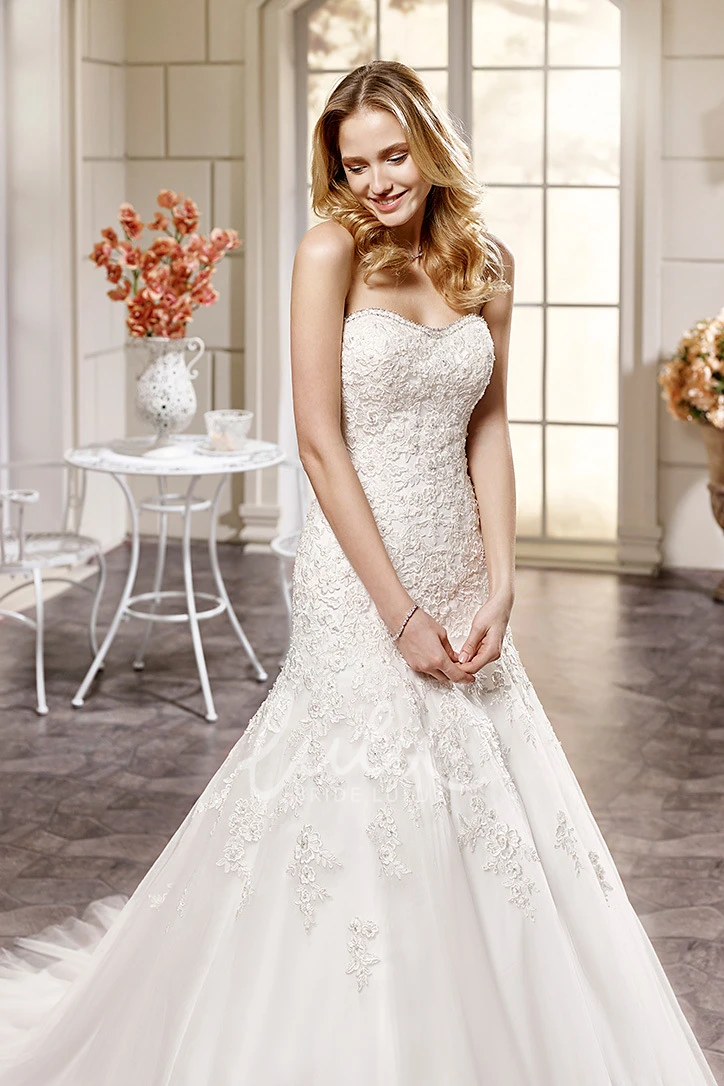Long Beaded Tulle Trumpet Wedding Dress with Sweetheart Neckline and Appliques