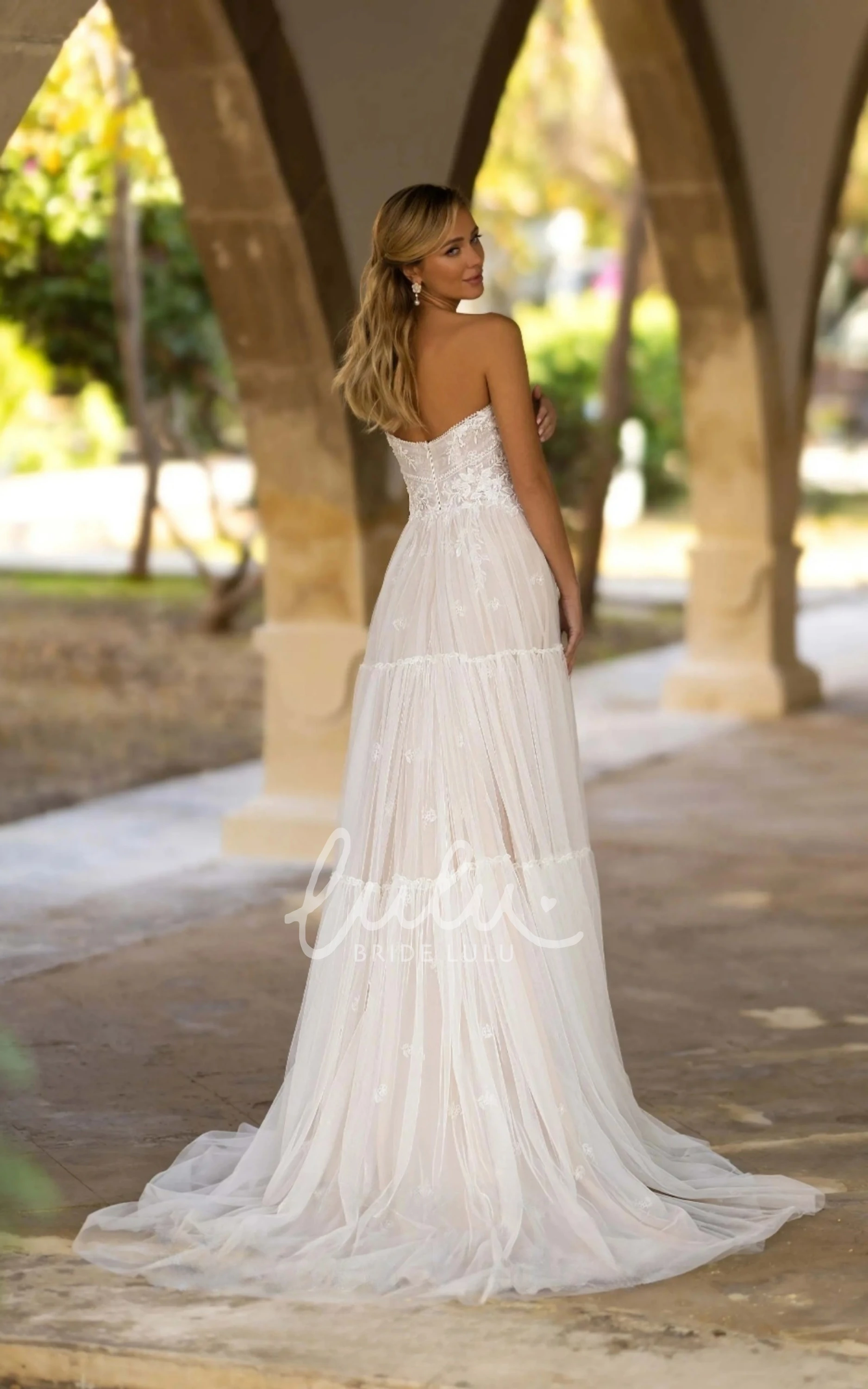 Bohemian Sheath Bridal Dress Strapless Garden with Button Back Brush Train