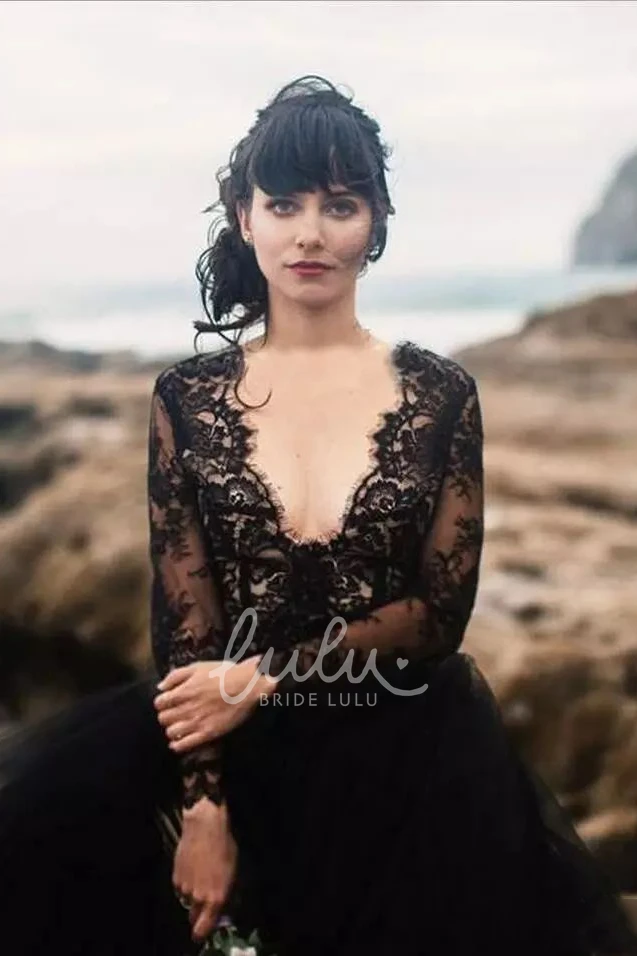 Open Back Lace Tulle Wedding Dress with V-Neck and Long Sleeves
