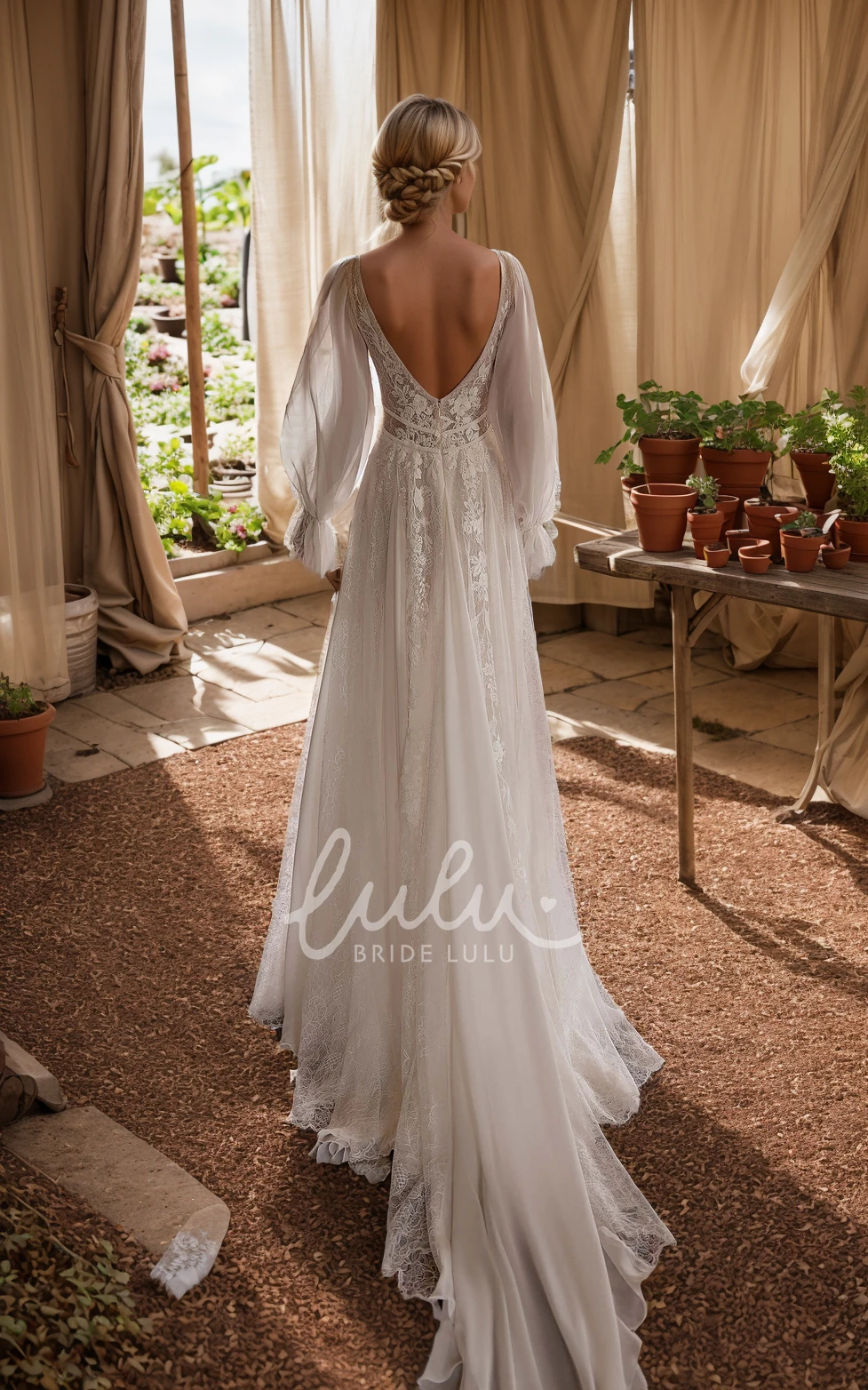 Fairy Bohemian Lace A-Line Long Sleeve V-Neck Winter Wedding Dress Princess Ethereal Appliques Court Train Chiffon Garden Beach Bridal Gown